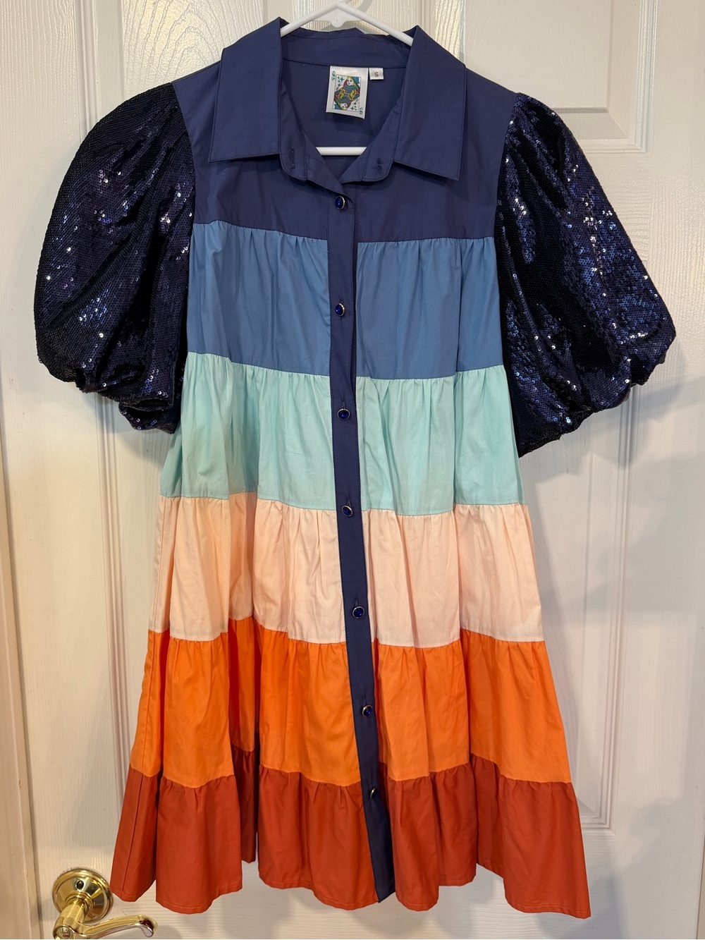 Queen of Sparkles Colorblock Tiered Dress with Sequin Puff Sleeves